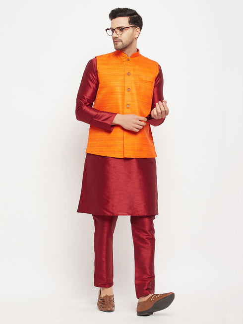 Vastramay Men's Orange Matka Silk Nehru Jacket With Maroon Silk Blend Kurta and Pant style Pyjama Set